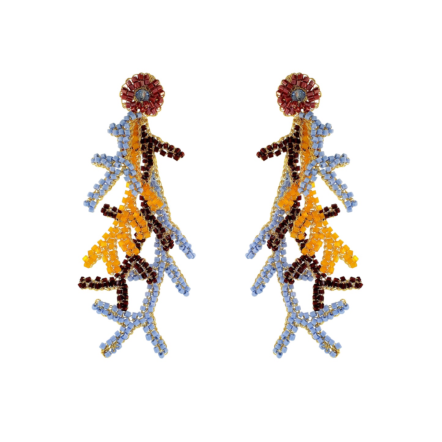 Sunrise Mix Coral Branches Long Handmade Crochet Earrings