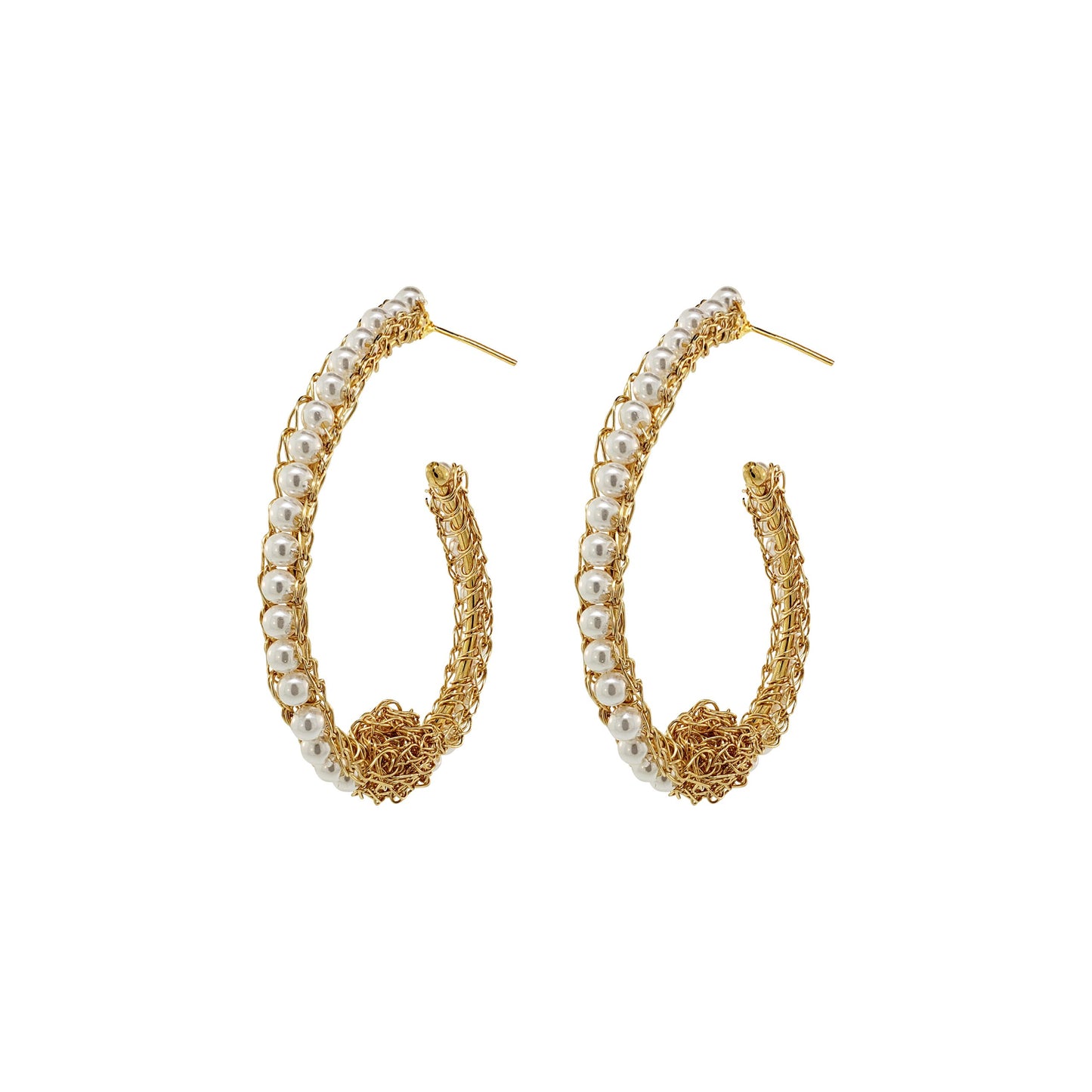 Pearl & Gold Ovaly Hoops Handmade Crochet Earrings