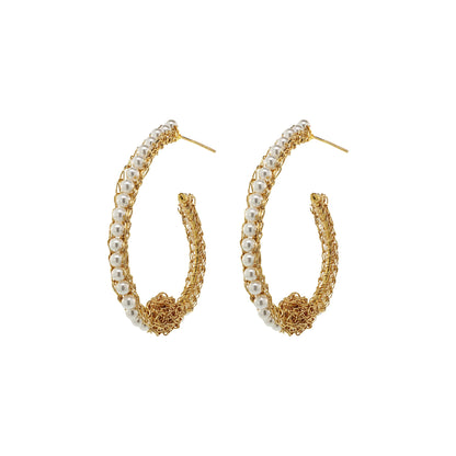 Pearl & Gold Ovaly Hoops Handmade Crochet Earrings