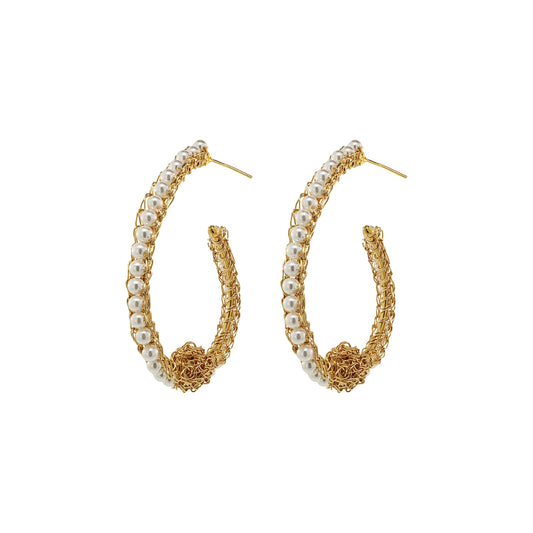 Pearl & Gold Ovaly Hoops Handmade Crochet Earrings