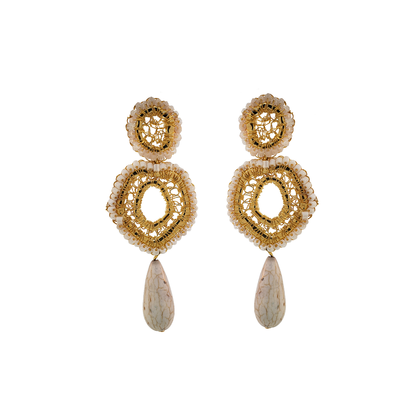 White & Gold Lydia Handmade Crochet Earrings