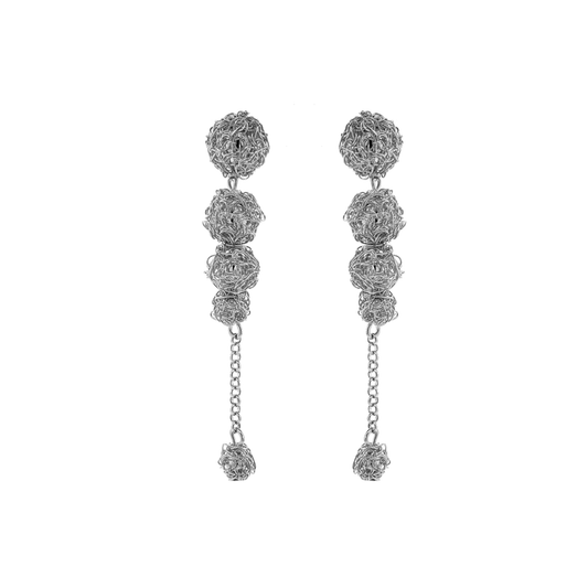All Silver Dome Cascade Handmade Crochet Earrings
