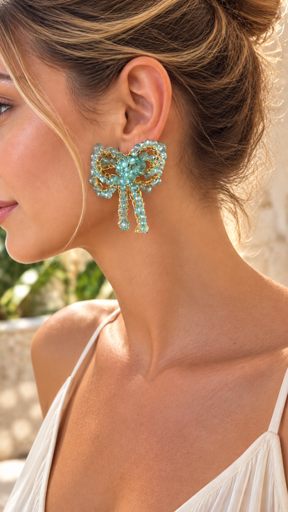 Seafoam Bow Blossom Drop Handmade Crochet Earrings