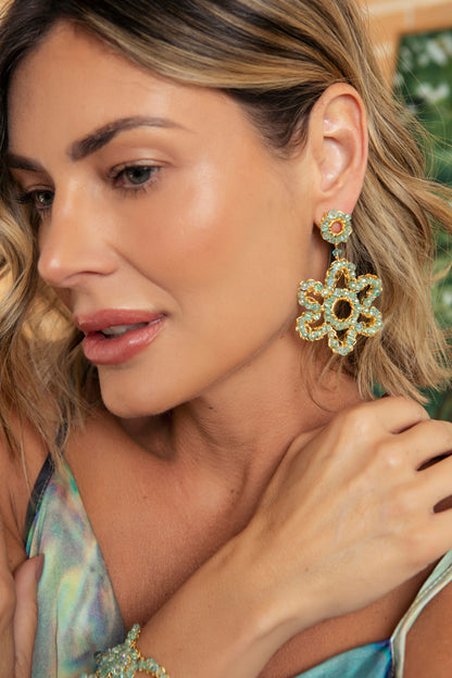 Seafoam Blue Sunburst Bloom Handmade Crochet Earrings