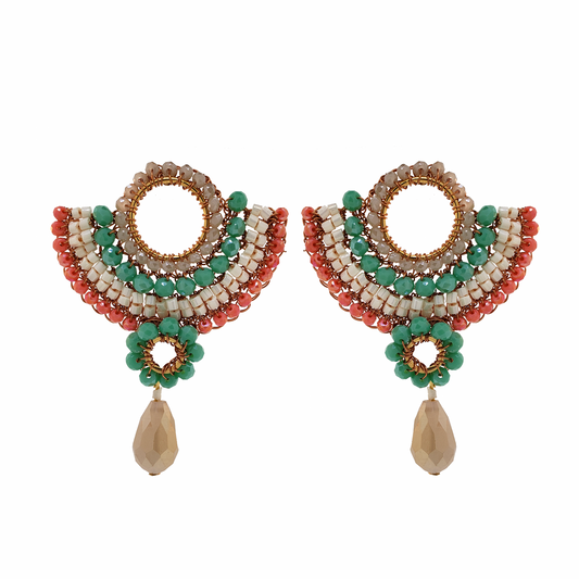 Coral Hand Made Fan with Drop Crochet Earrings