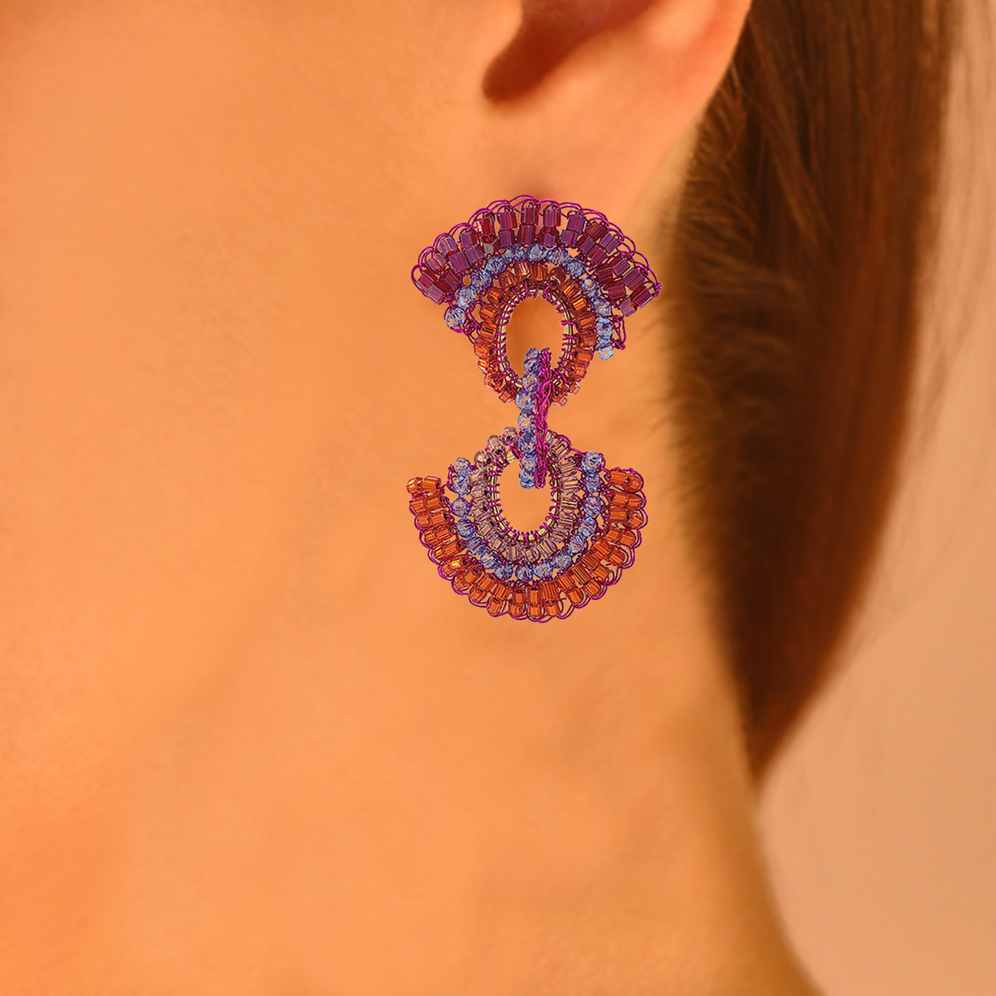 Neon Pink Crystals Linked Ovals Handmade Crochet Earrings