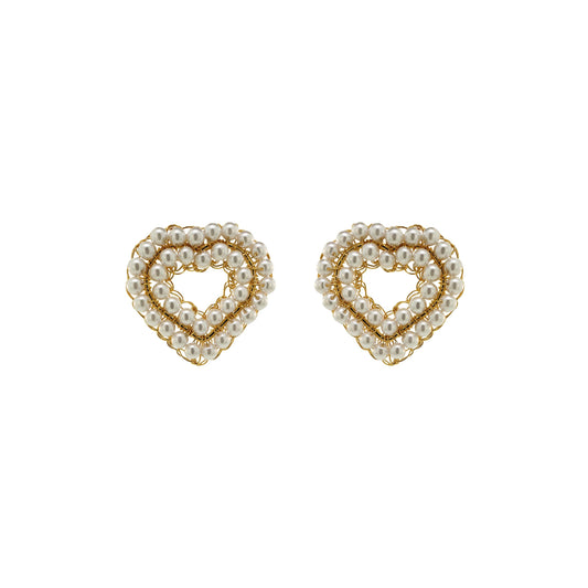 Pearl & Gold Queen's Heart Mini Posts Handmade Crochet Earrings