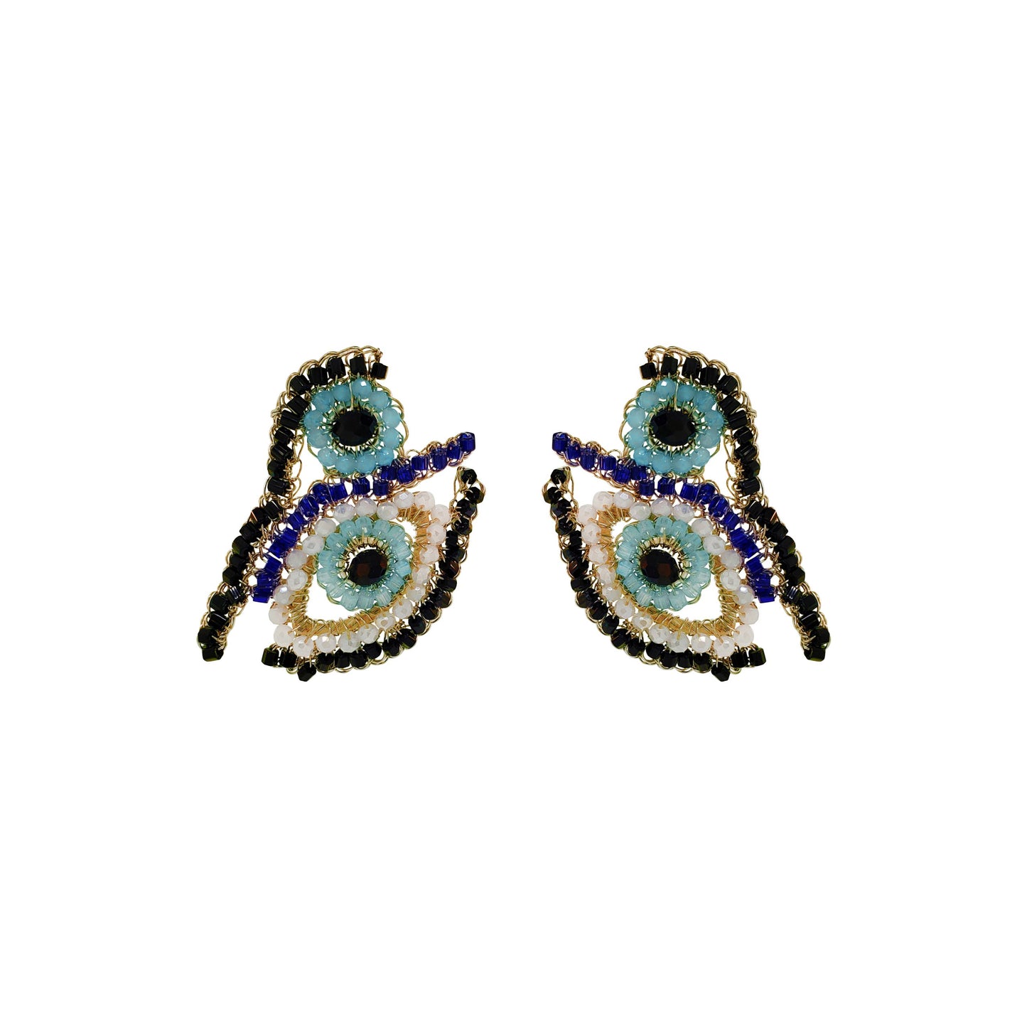 Blues & Gold Evil Eye Duo Handmade Crochet Earrings