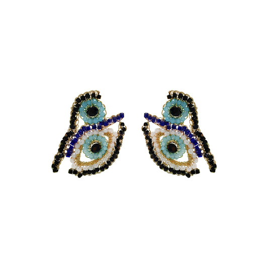 Blues & Gold Evil Eye Duo Handmade Crochet Earrings