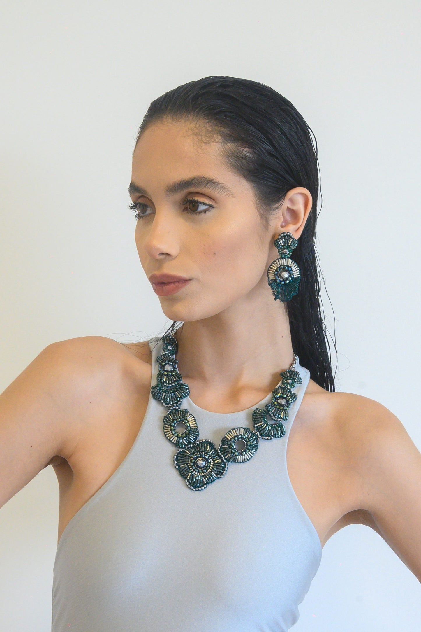 Moss Green Mix Chess Maxi Handmade Crochet Necklace