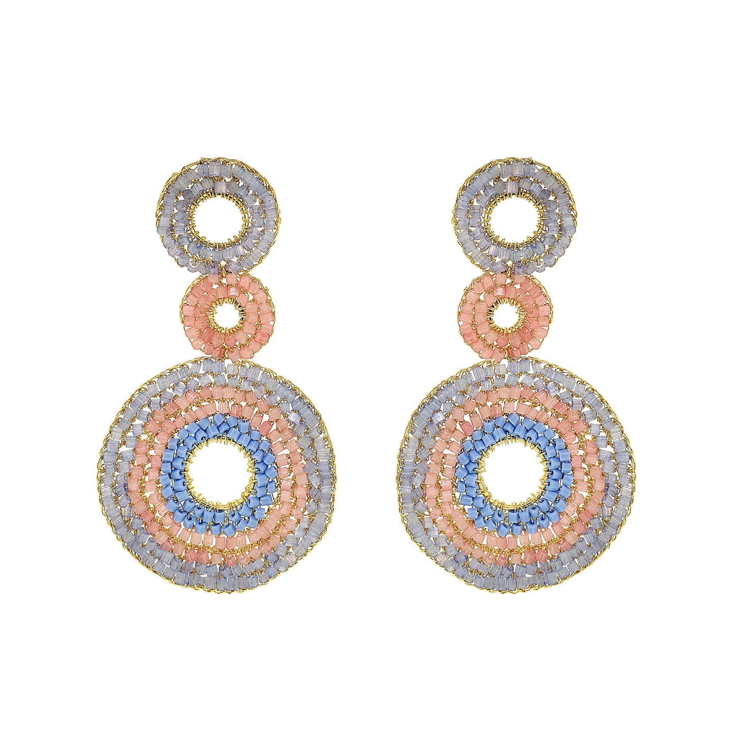 Pair of earrings with circular design on a white background