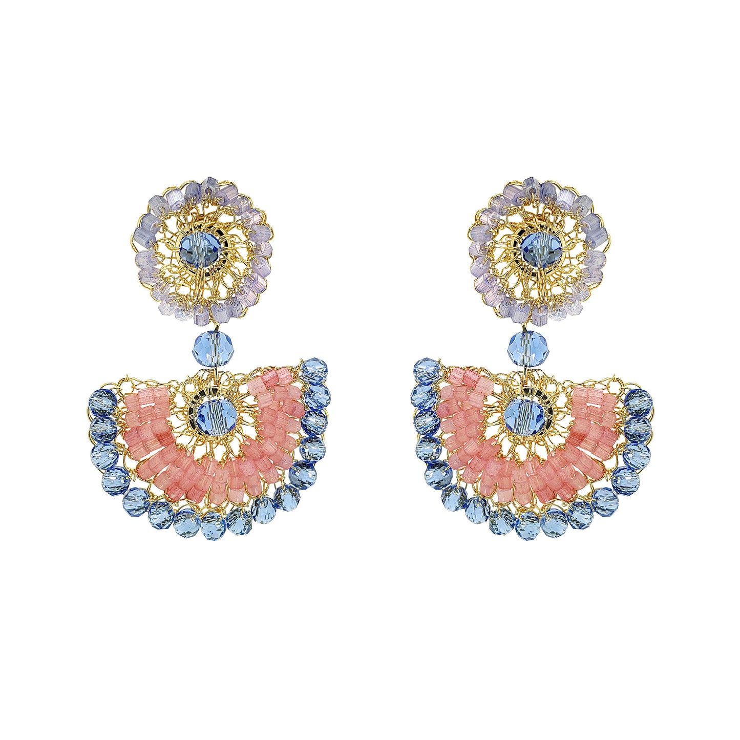 Pair of earrings with pink and blue design on a white background