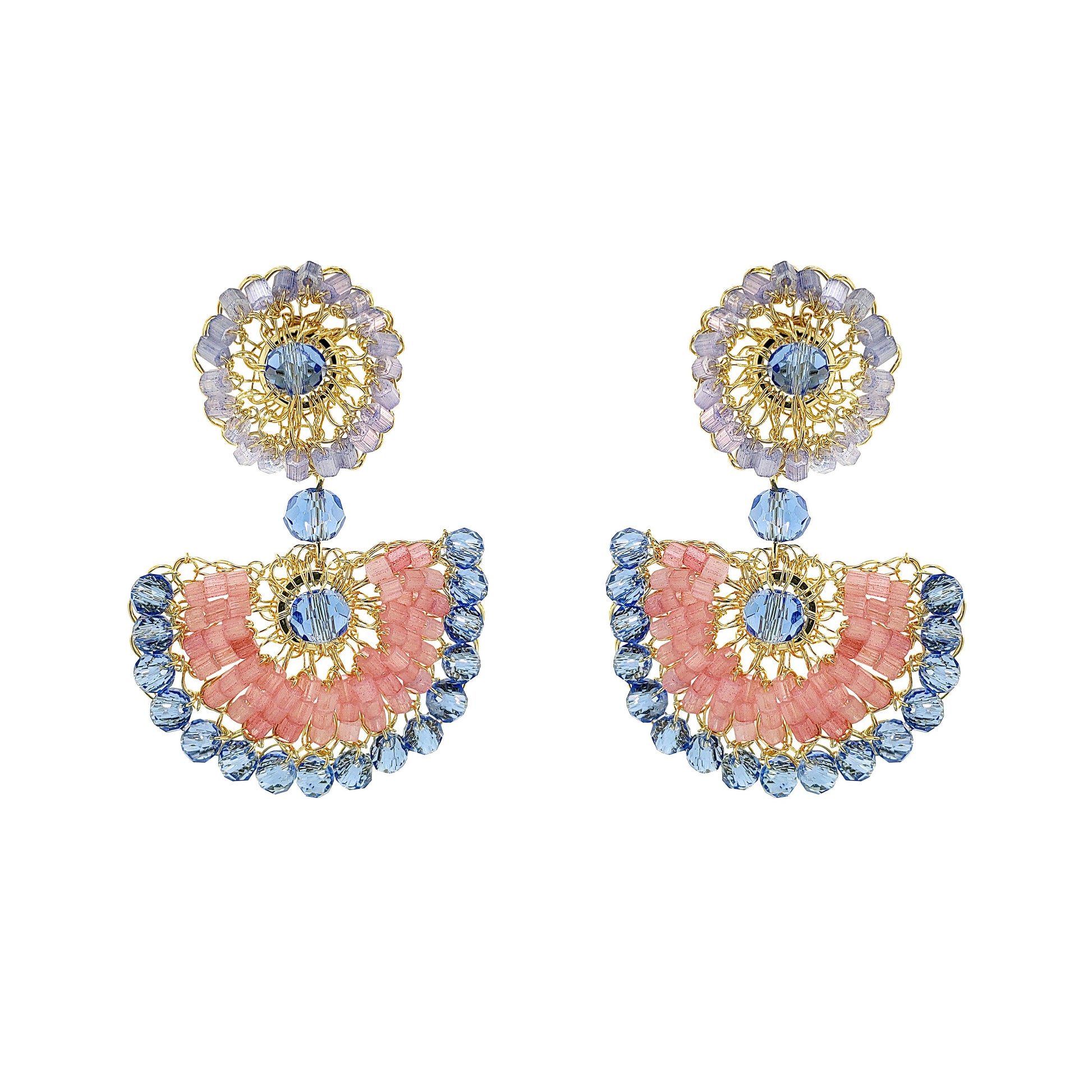 Pair of earrings with pink and blue design on a white background