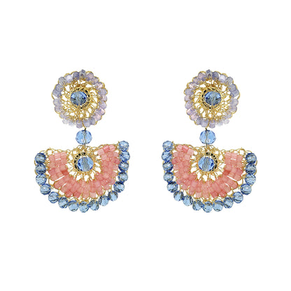 Pair of earrings with pink and blue design on a white background
