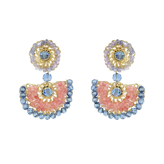 Pair of earrings with pink and blue design on a white background