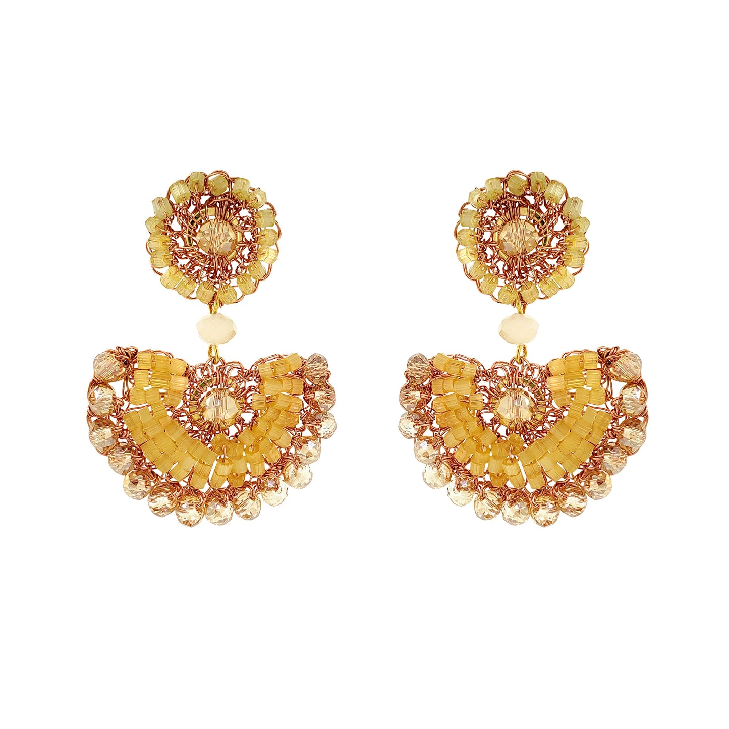 Pair of yellow beaded earrings on a white background
