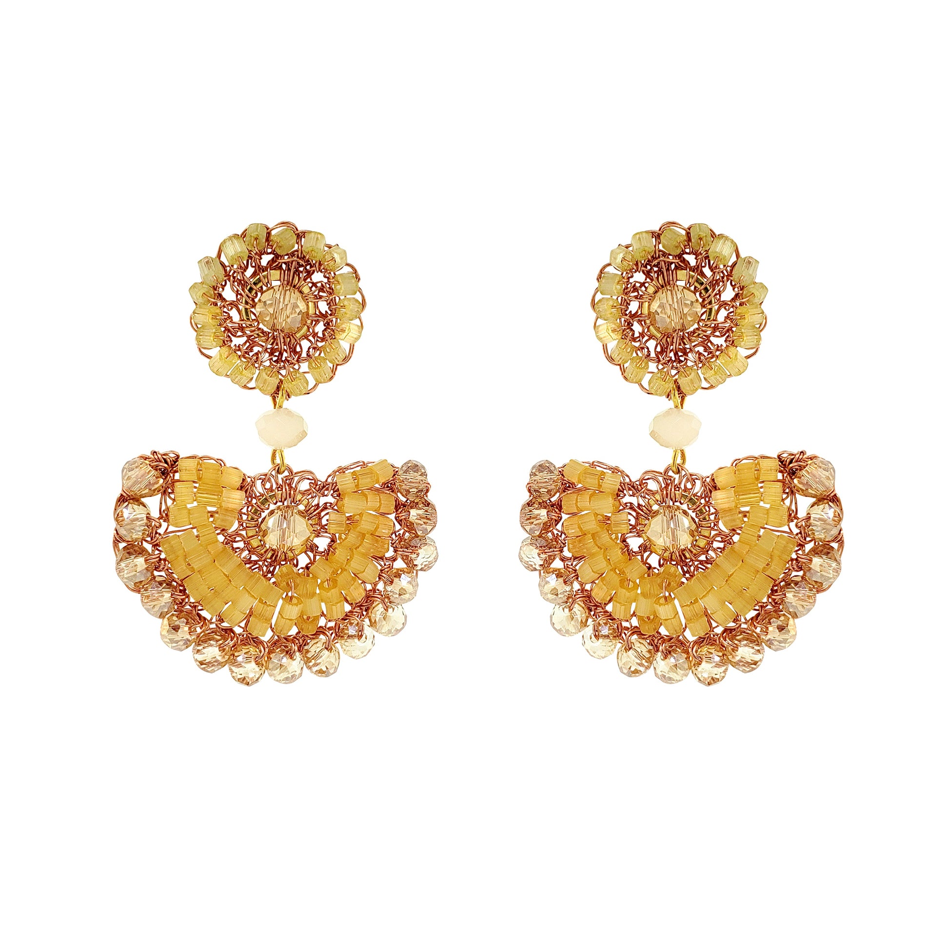 Pair of yellow beaded earrings on a white background
