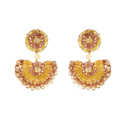 Pair of yellow beaded earrings on a white background
