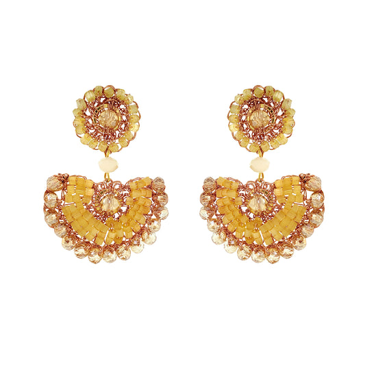 Pair of yellow beaded earrings on a white background
