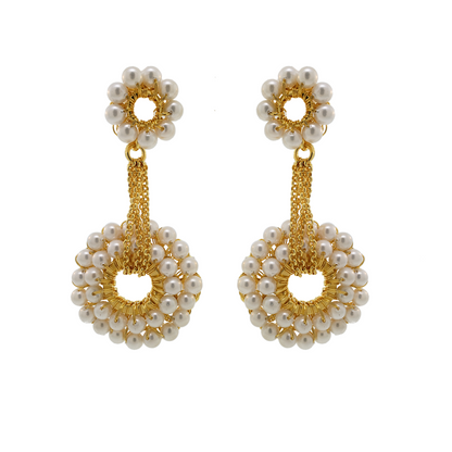 Pearl & Gold Snowdrop Handmade Crochet Earrings