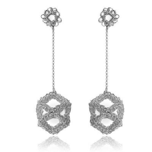 All Silver Cube Dangle Handmade Crochet Earrings