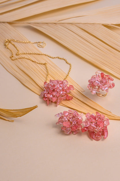 Rose Quartz Mix Rocks Cluster Handmade Crochet Necklace