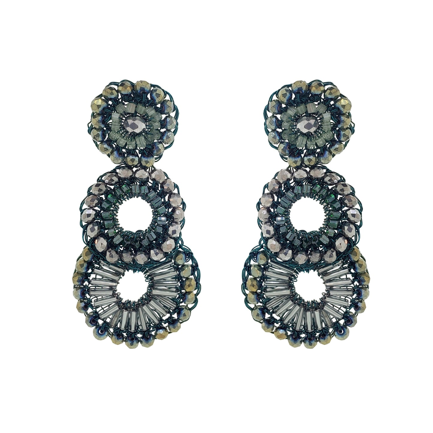 Moss Green Mix Pawn Cascade Handmade Crochet Earrings