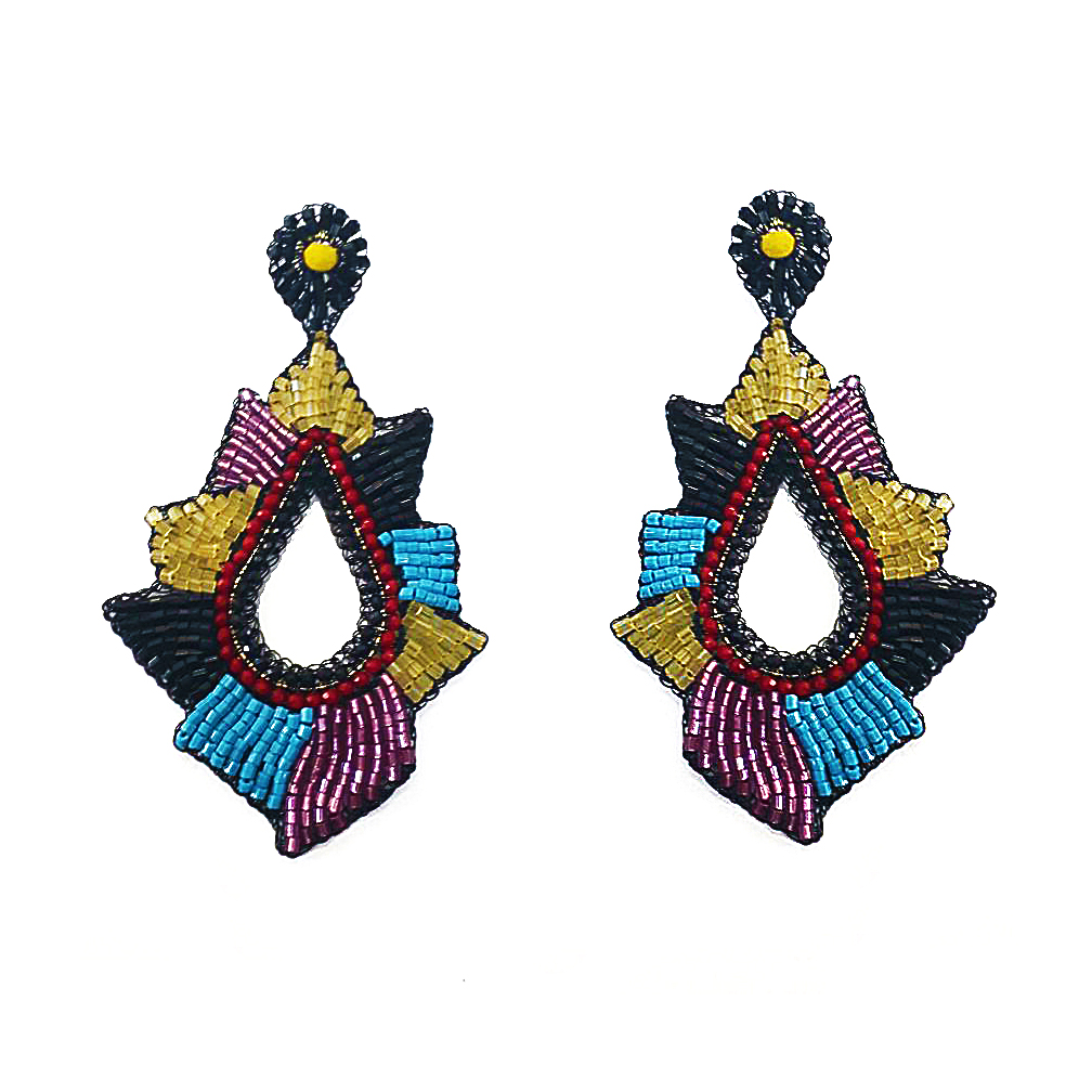 Dark Multi Geometric Teardrop Handmade Crochet Large Earrings
