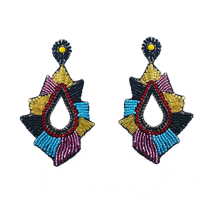 Dark Multi Geometric Teardrop Handmade Crochet Large Earrings