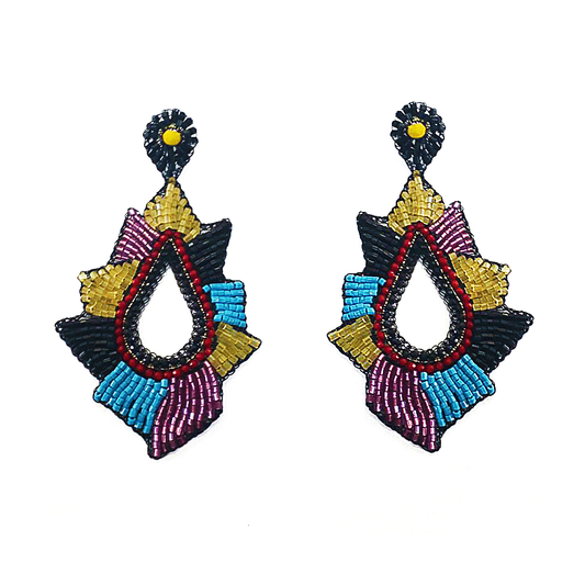 Dark Multi Geometric Teardrop Handmade Crochet Large Earrings