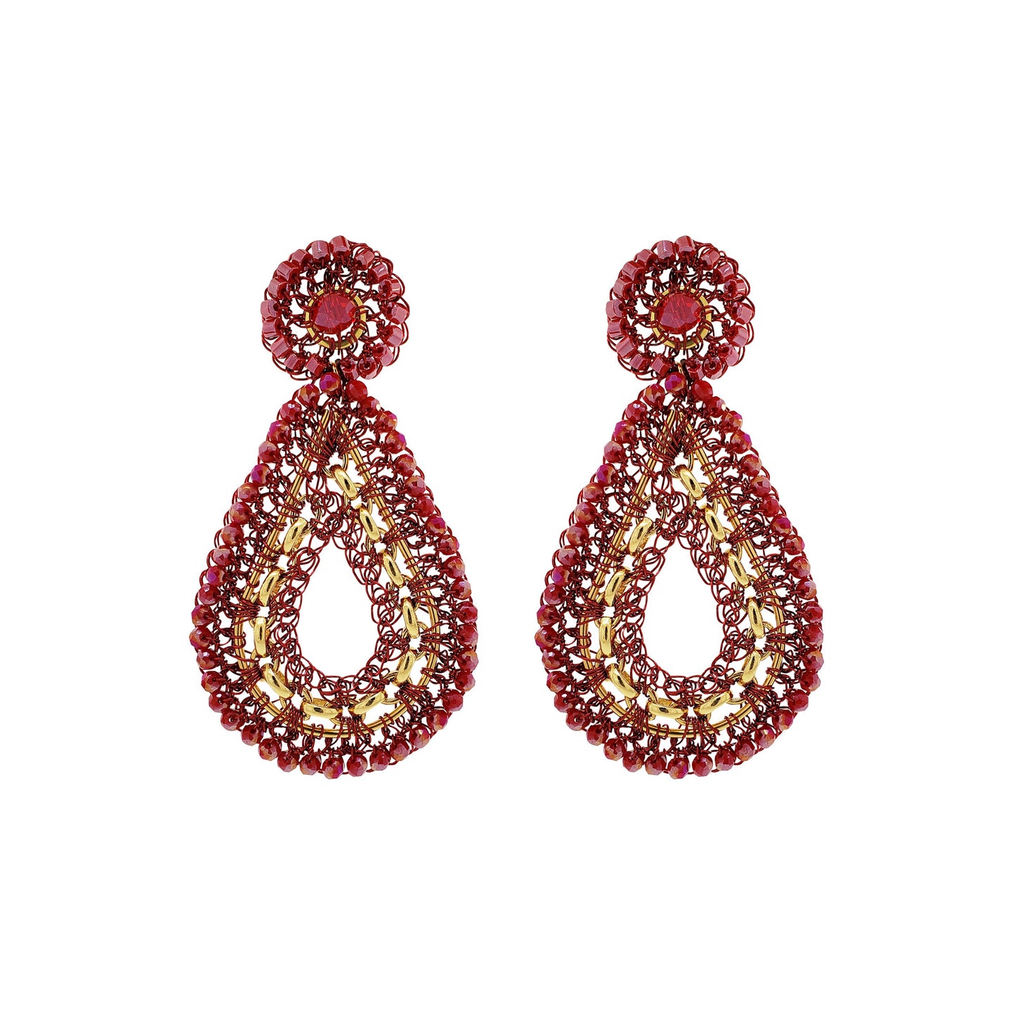 Red & Gold Flux Teardrop Handmade Crochet Earrings