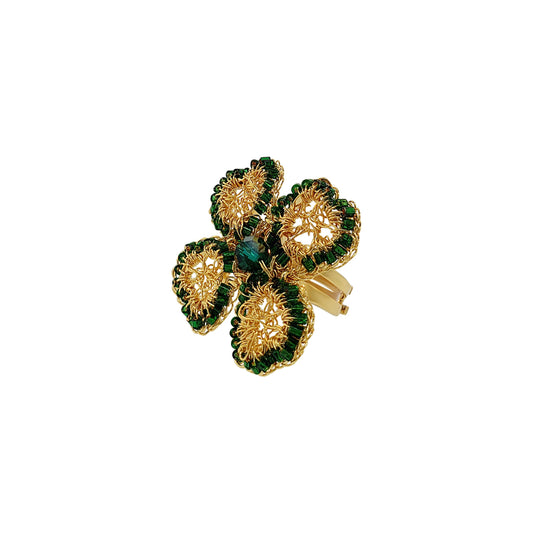 Green & Gold Lucky Clover Handmade Crochet Ring