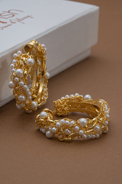 Pearl & Gold Hera Hoops Handmade Crochet Earrings