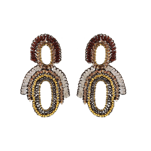 Brown & Gold Mix Double Oval Handmade Crochet Earrings