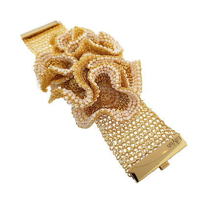 Wide White & Gold Buttercup Handmade Crochet Bracelet