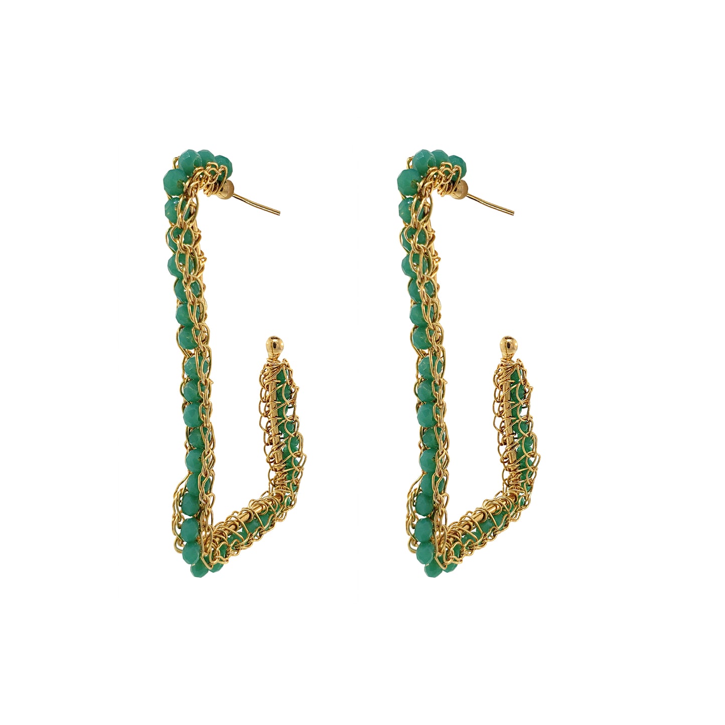 Turquoise & Gold Trapeza Hoops Handmade Crochet Earrings