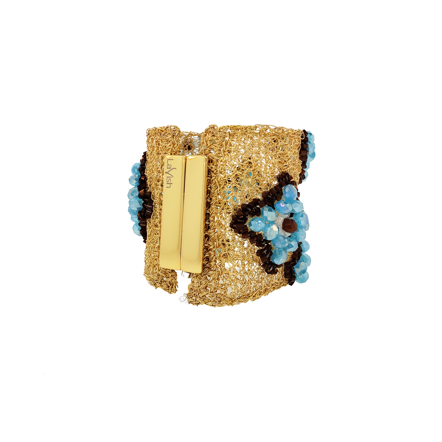 Wide Blue & Brown Embroidered Handmade Gold Crochet Bracelet