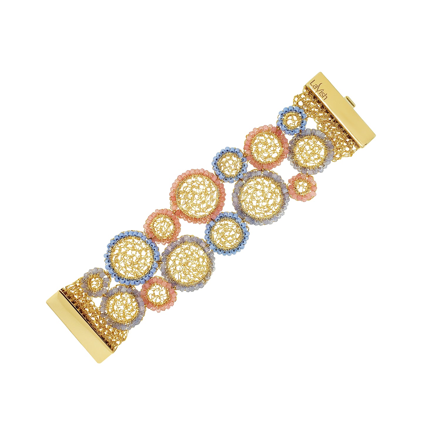 Multicolored circular brooches on a white background