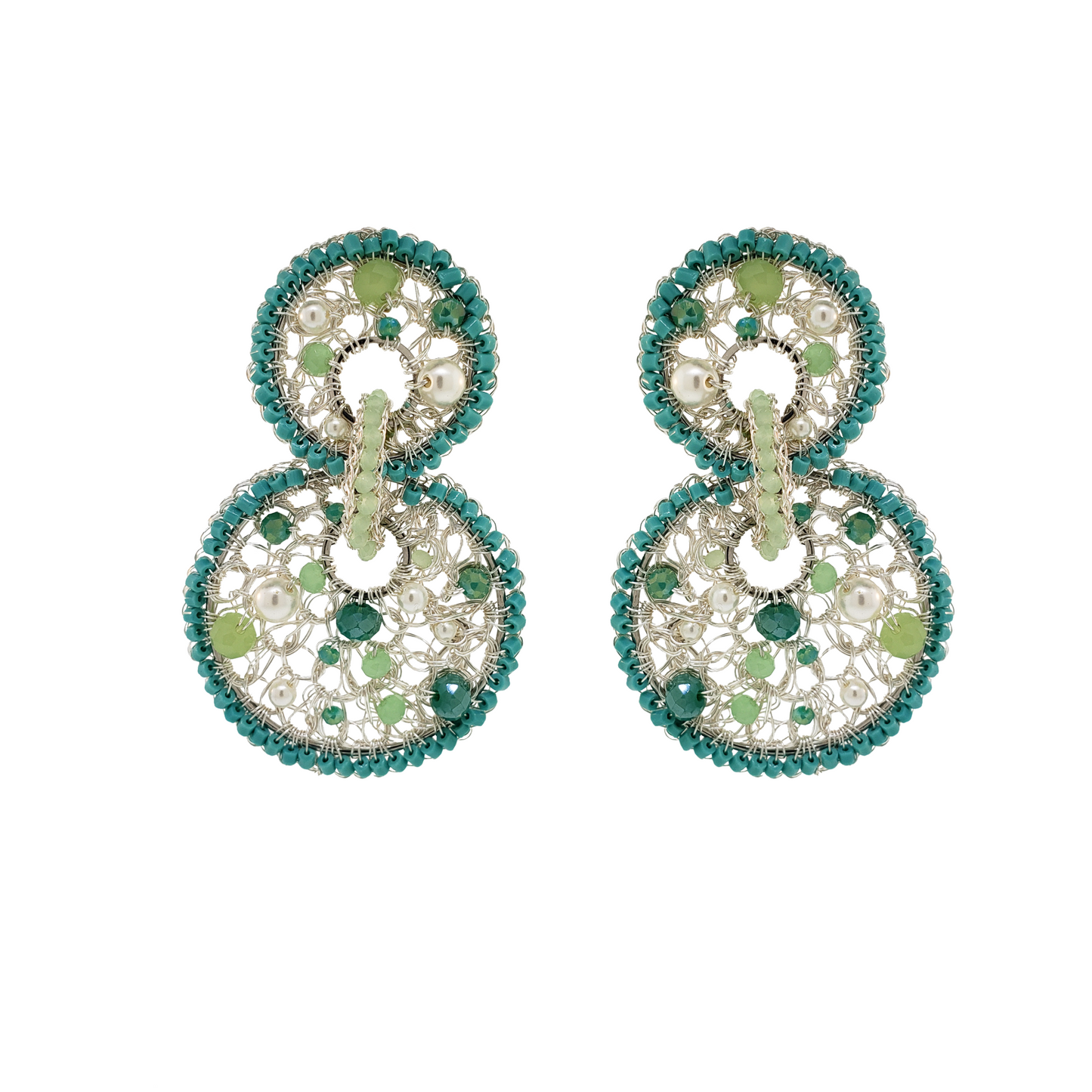 Turquoise Mix Open Mesh Handmade Crochet Double Mandala Earrings