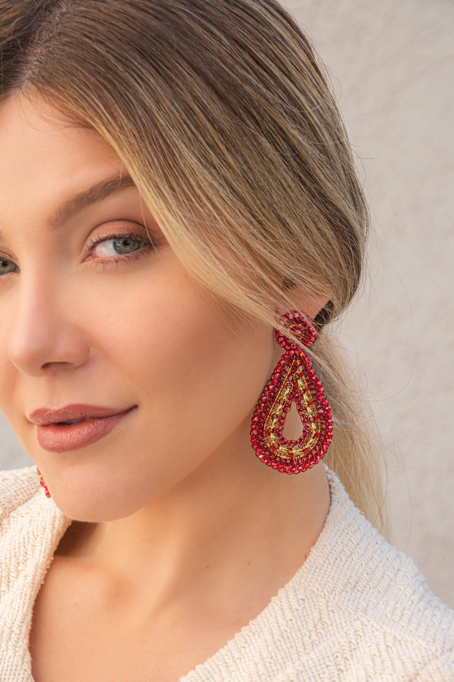 Red & Gold Flux Teardrop Handmade Crochet Earrings
