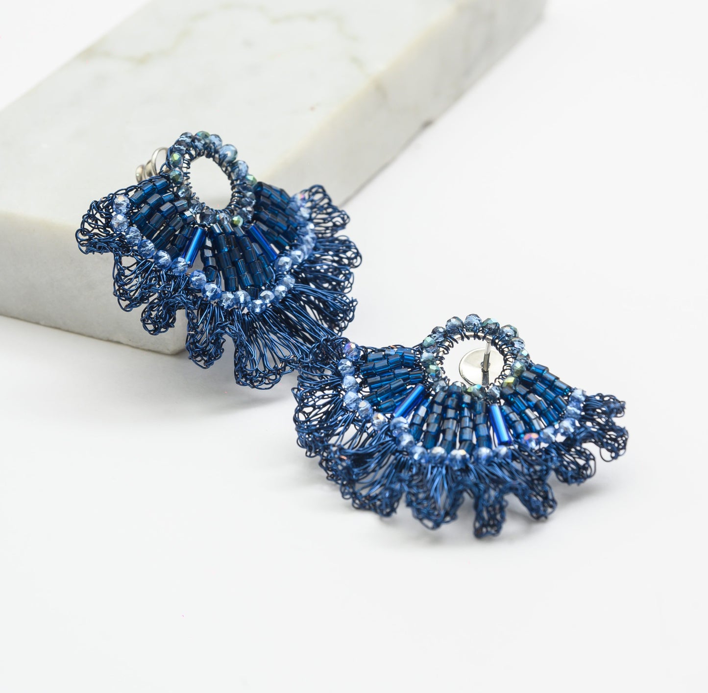 Royal Blue Mix Crown Ruffled Handmade Crochet Earrings