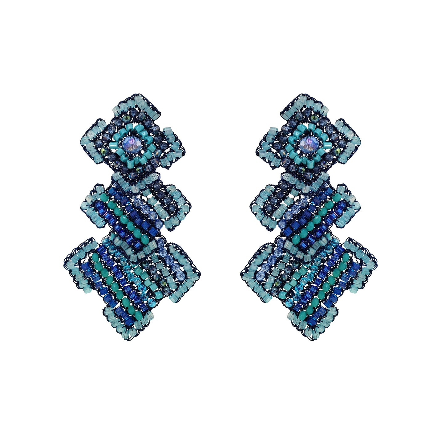 Denim Blue Mix Puzzle Cascade Handmade Crochet Earrings