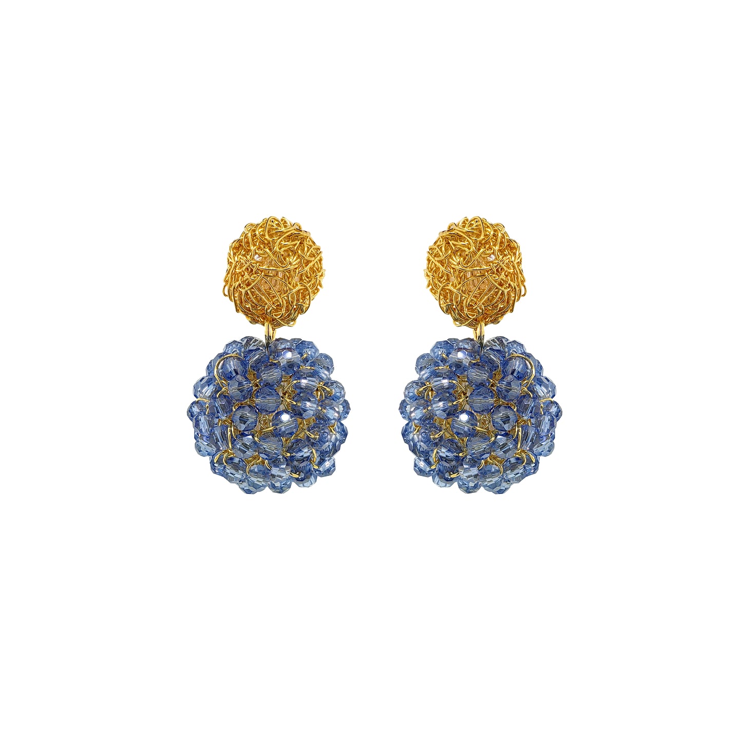 Blue & Gold Spheres Crystal Duo Handmade Crochet Earrings