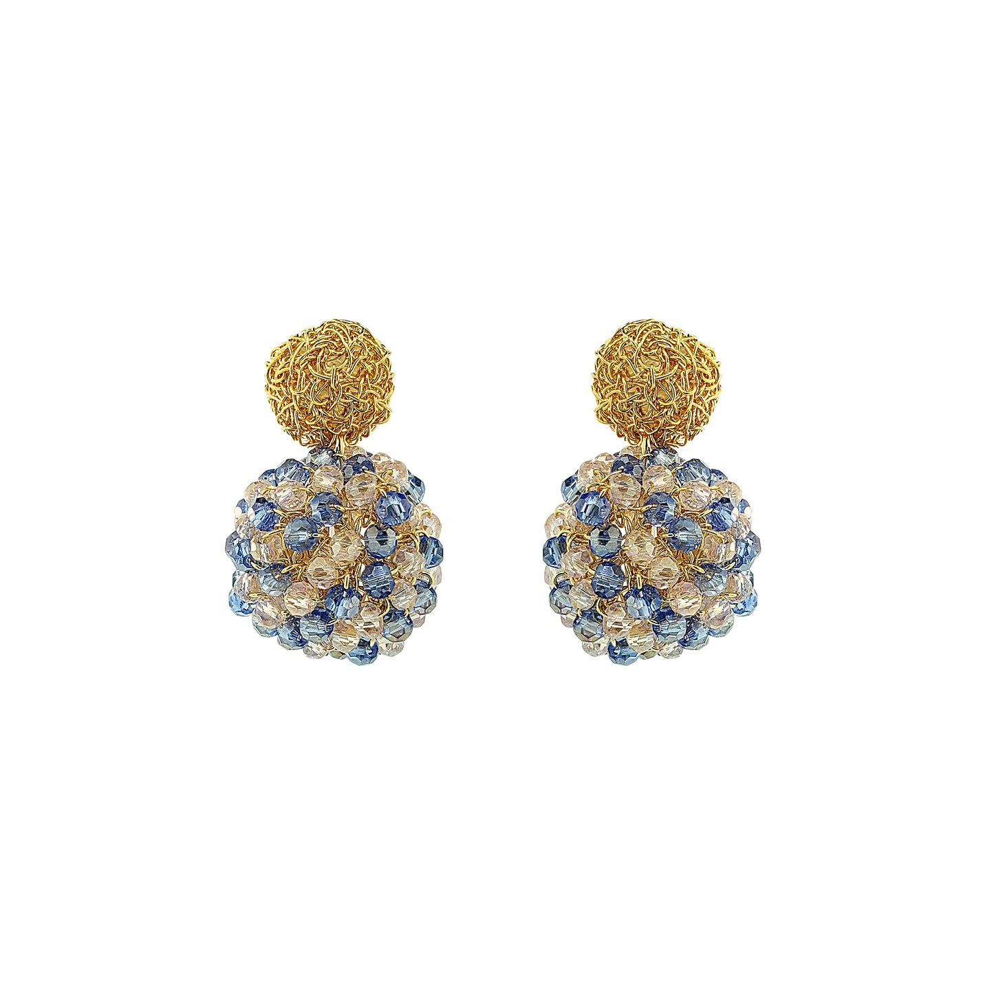 Pair of gold and blue spherical earrings on a white background