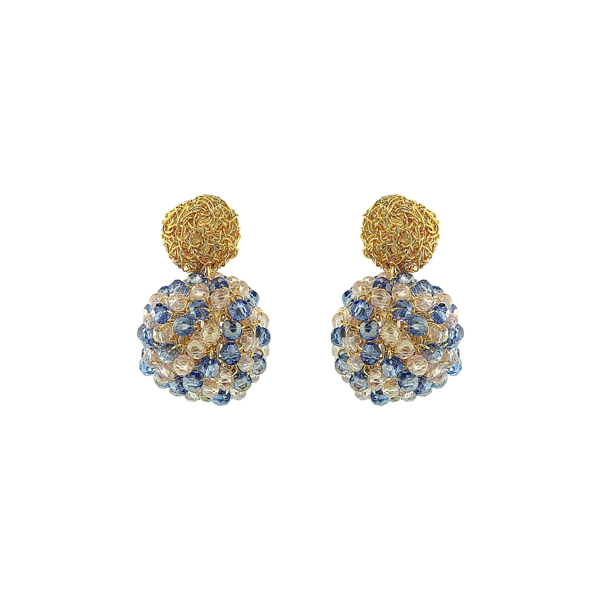Pair of gold and blue spherical earrings on a white background
