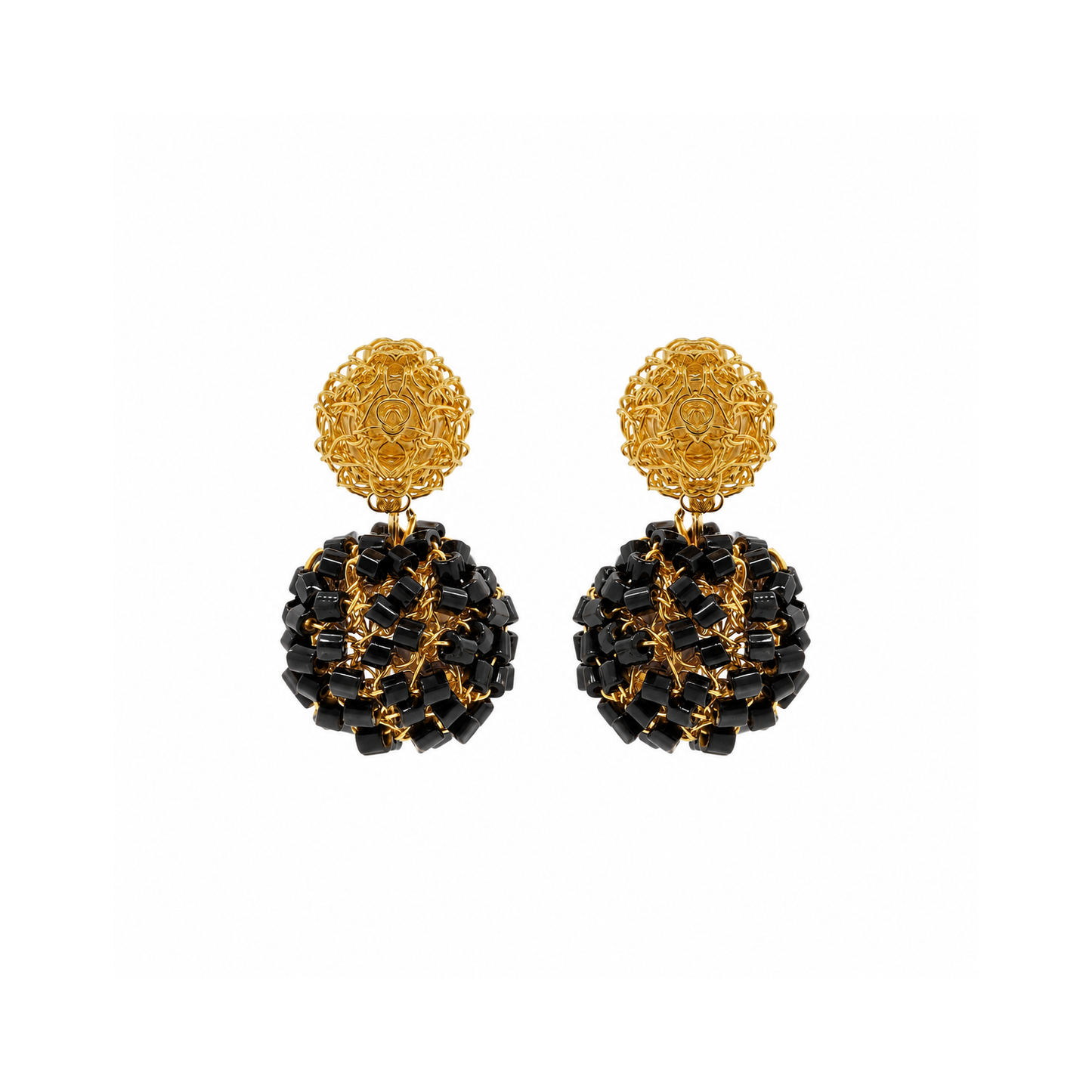 Black & Gold Spheres Duo Handmade Crochet Earrings