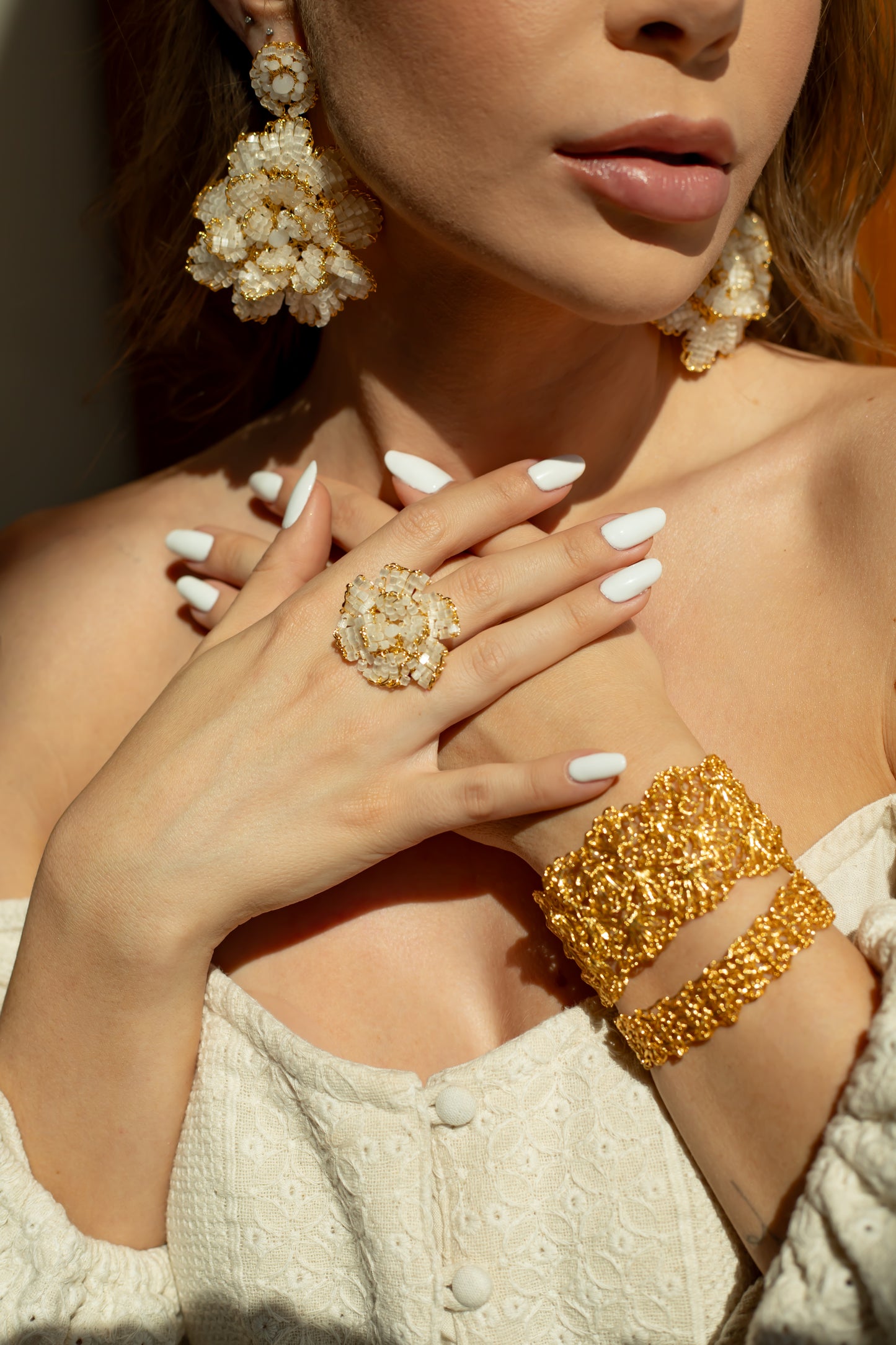 White & Gold Blossom Handmade Crochet Large Earrings
