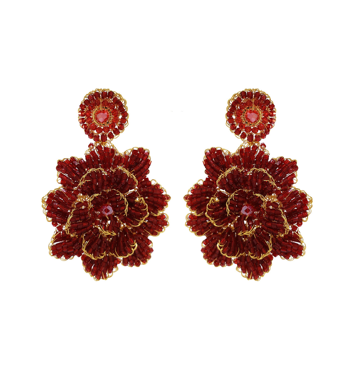 Red & Gold Blossom Handmade Crochet Large Earrings