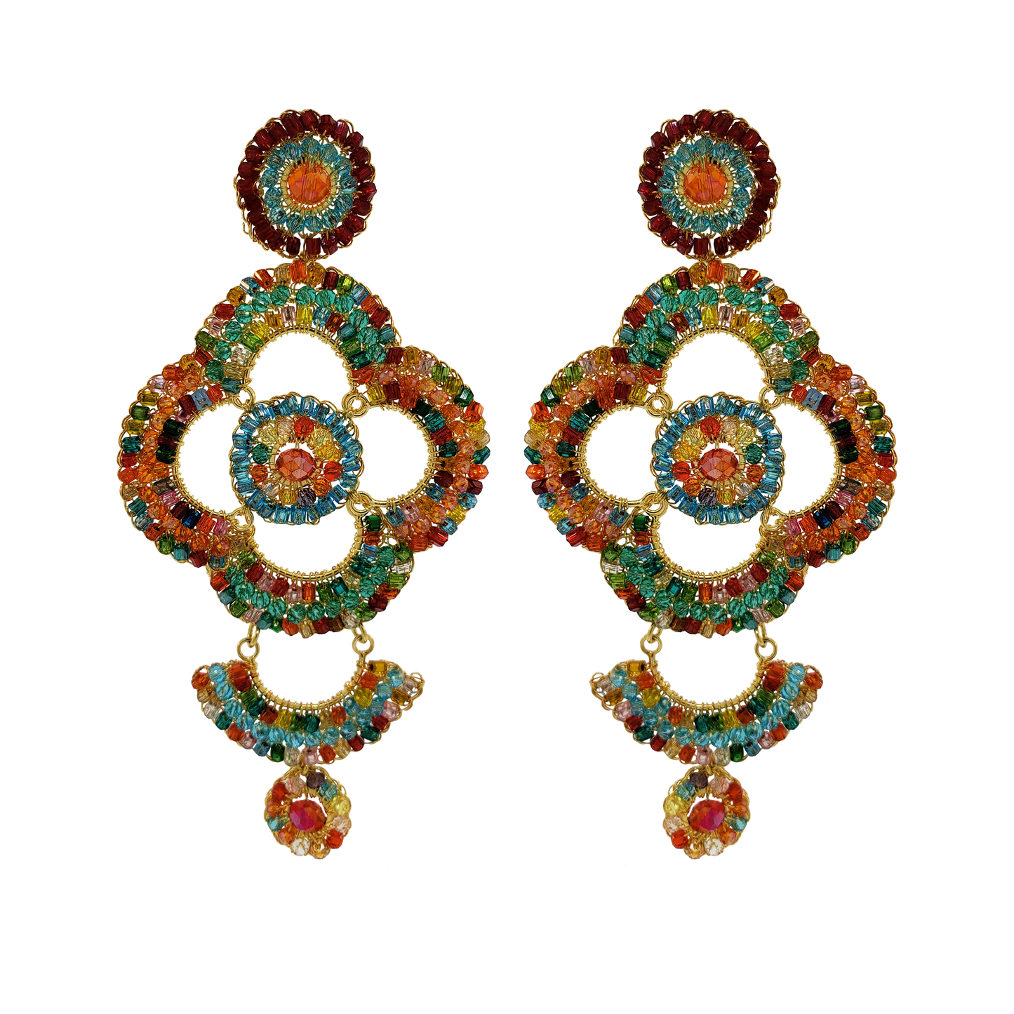 Multicolor Long Quatrefoil Chandelier Handmade Crochet Earrings