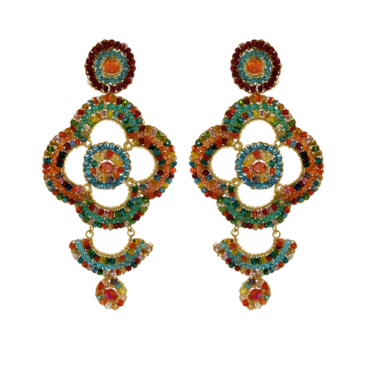 Multicolor Long Quatrefoil Chandelier Handmade Crochet Earrings